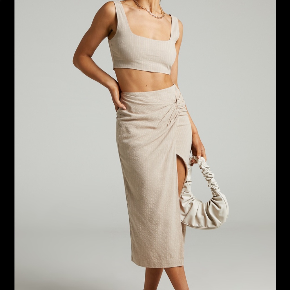 Showpo Avery crop top and twist midi skirt set in beige size XS